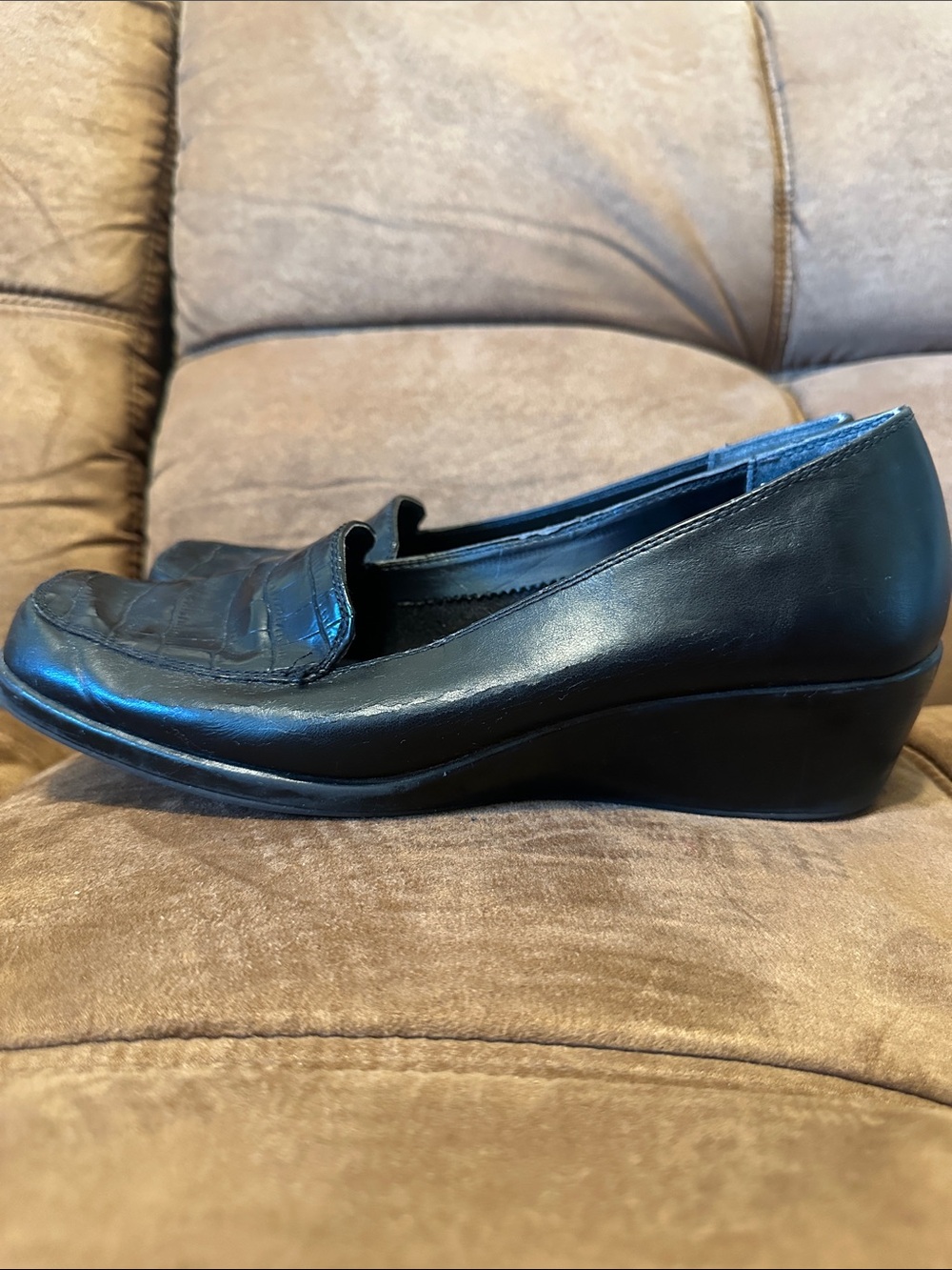 Classic Black Leather Wedge Loafers - Women's